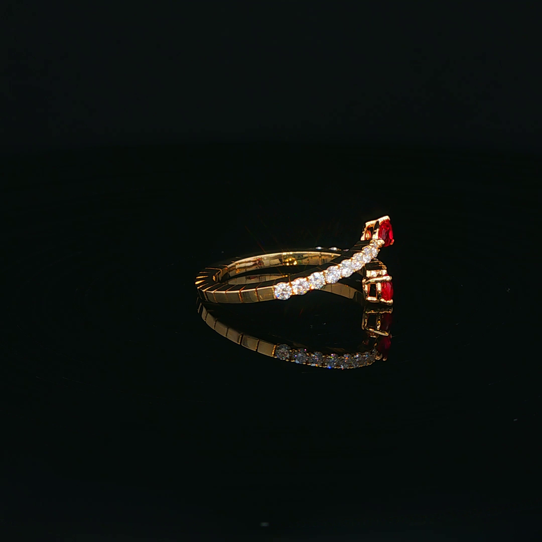 Yellow Gold Multistone Ring with Brilliant Cut Pear Shape Rubies