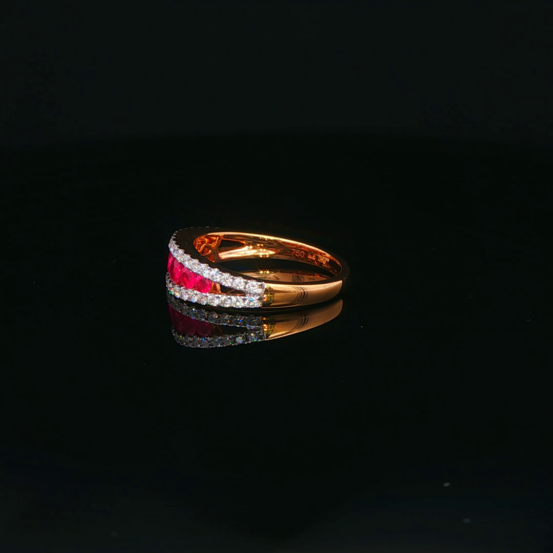 18ct Rose Gold Ring with Round Cut Ruby & Diamond Gemstones