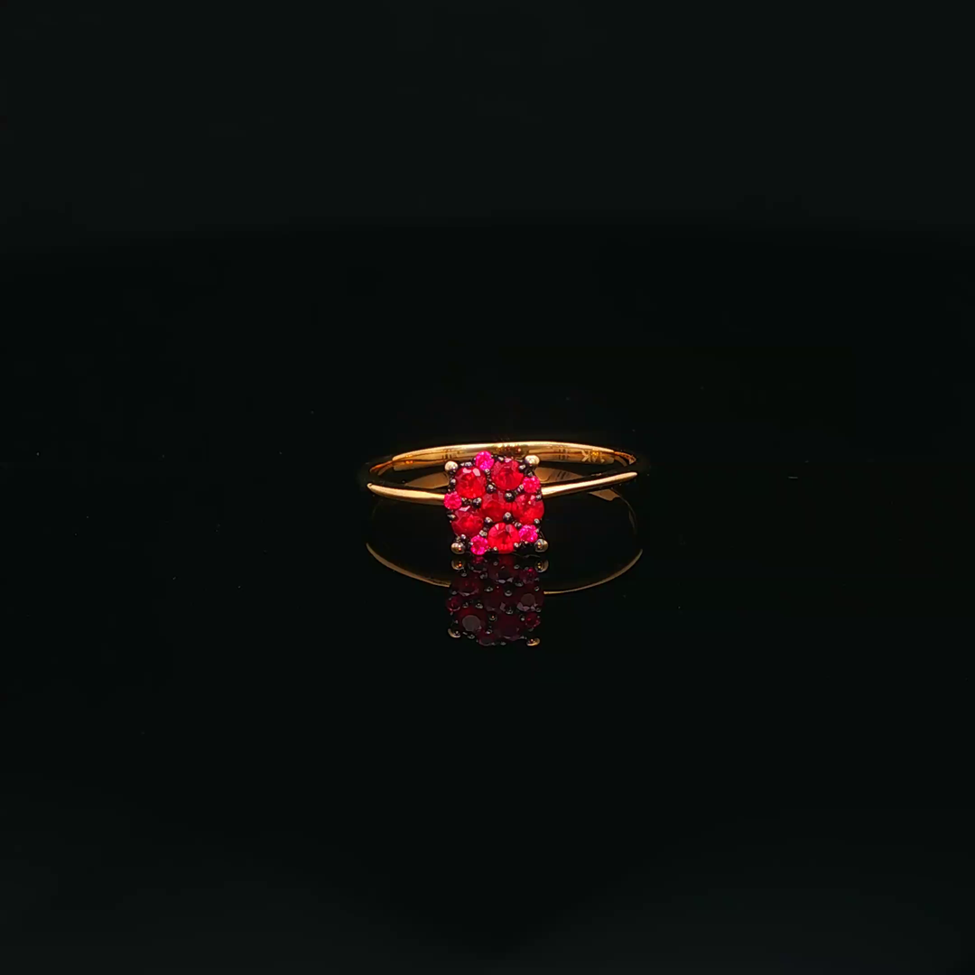 14ct Yellow Gold Ring Adorned with Round Cut Ruby Cluster