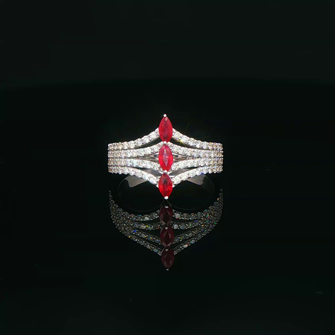 White Gold Multistone Ring with Marquise Cut Red Rubies