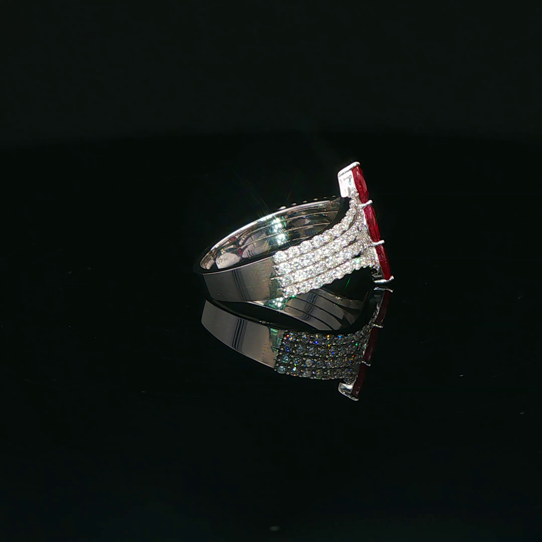 White Gold Multistone Ring with Marquise Cut Red Rubies