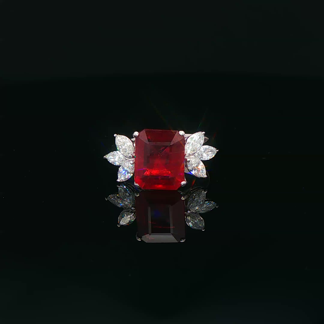 Ruby Cocktail Ring in White Gold Emerald Cut Ruby