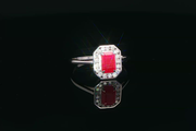 White Gold Cocktail Ring with Emerald Cut Ruby & Diamonds