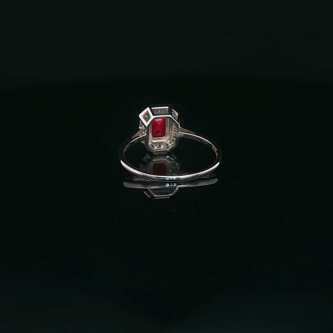 White Gold Cocktail Ring with Emerald Cut Ruby & Diamonds
