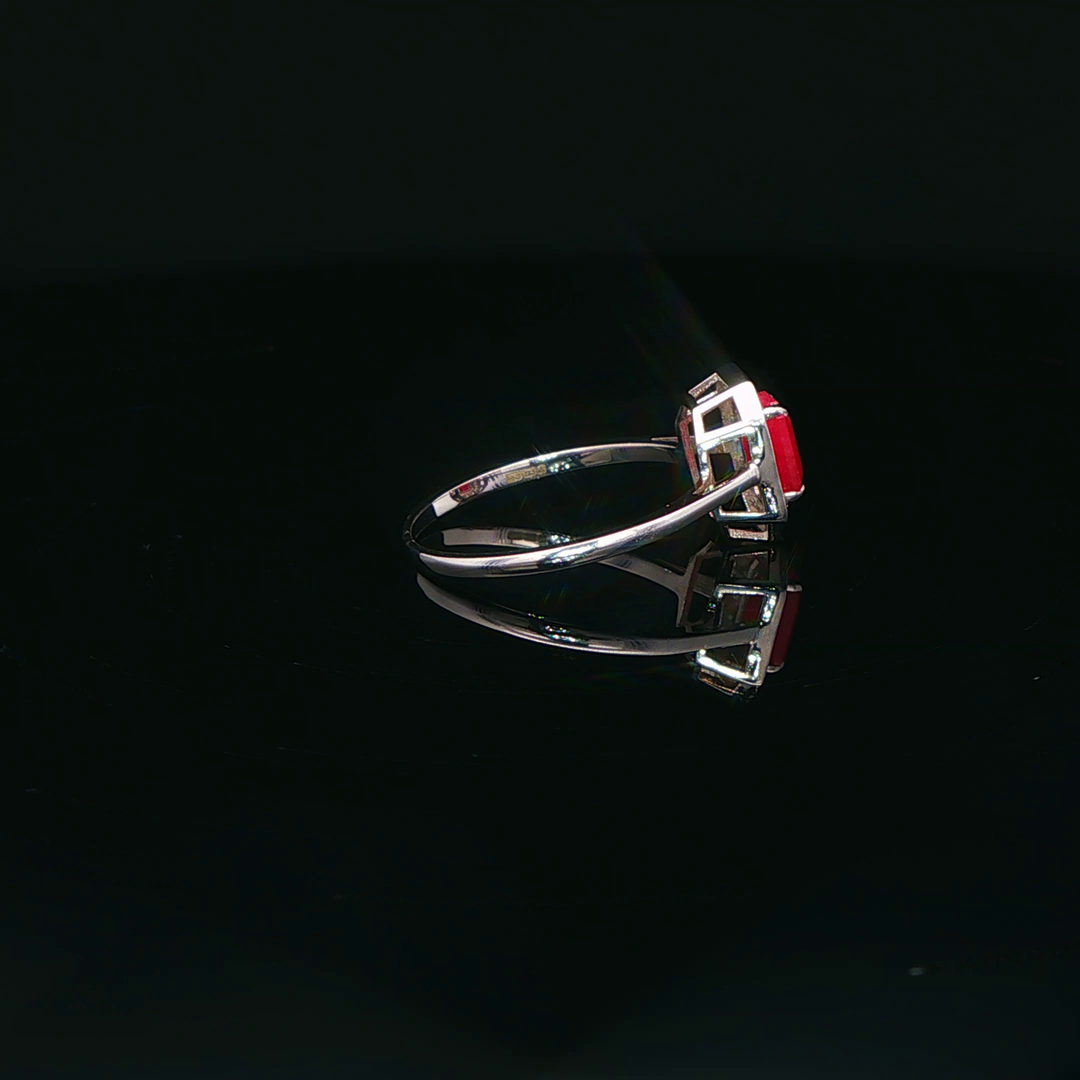 White Gold Cocktail Ring with Emerald Cut Ruby & Diamonds