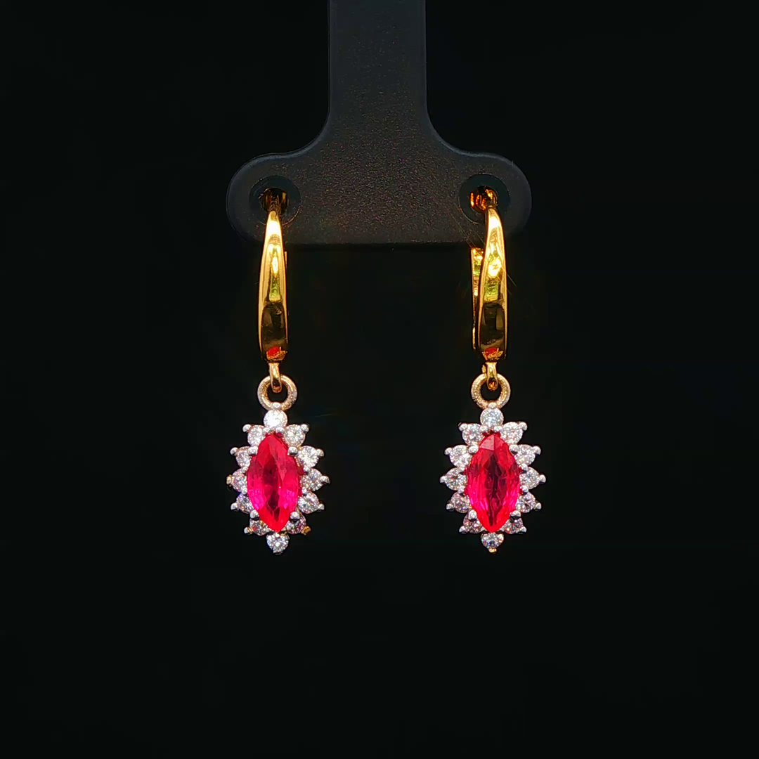 18ct Gold Dangle Earrings with Round Ruby & Diamonds