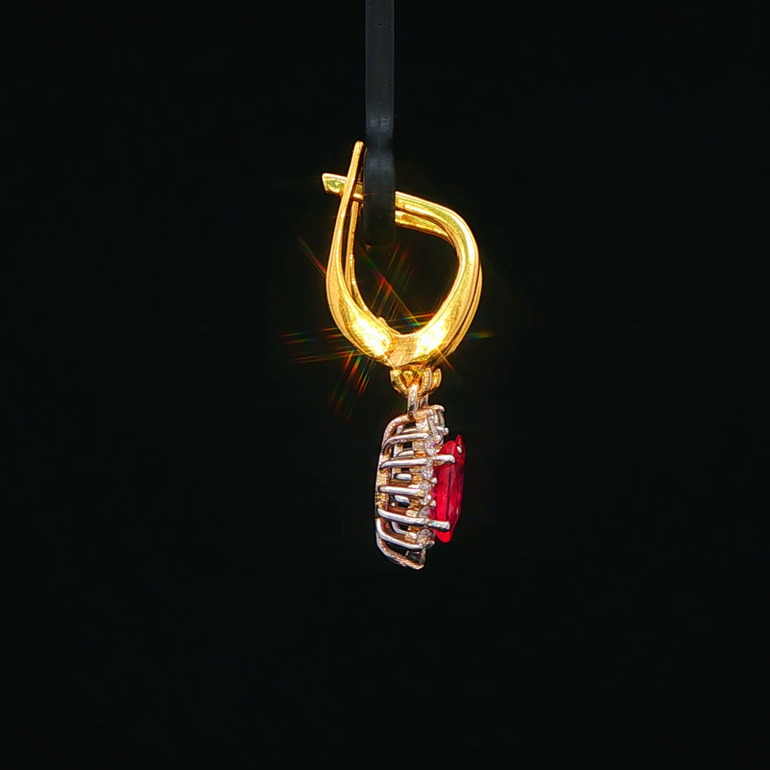 18ct Gold Dangle Earrings with Round Ruby & Diamonds