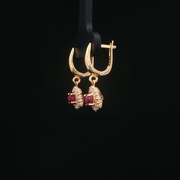 14ct Yellow Gold Dangle Earrings with Cabochon Rubies & Diamond