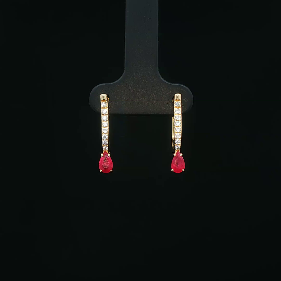 14ct Yellow Gold Drop Earrings with Pear Shaped Ruby & Diamond