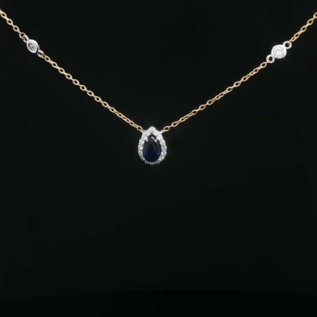 Yellow Gold Necklace with Blue Pear-Shaped Sapphire & Diamonds