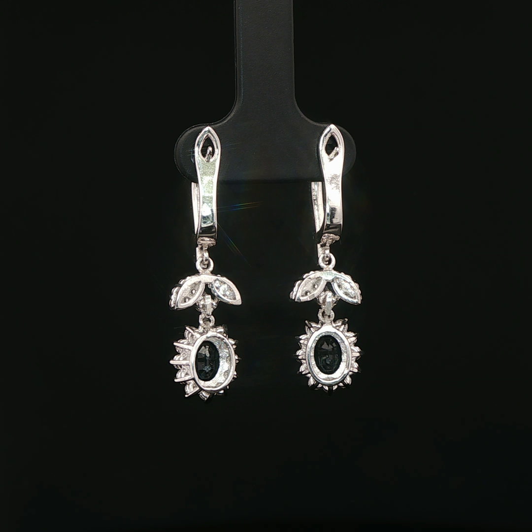 White Gold Dangle Earrings with Oval Green Sapphire & Diamonds