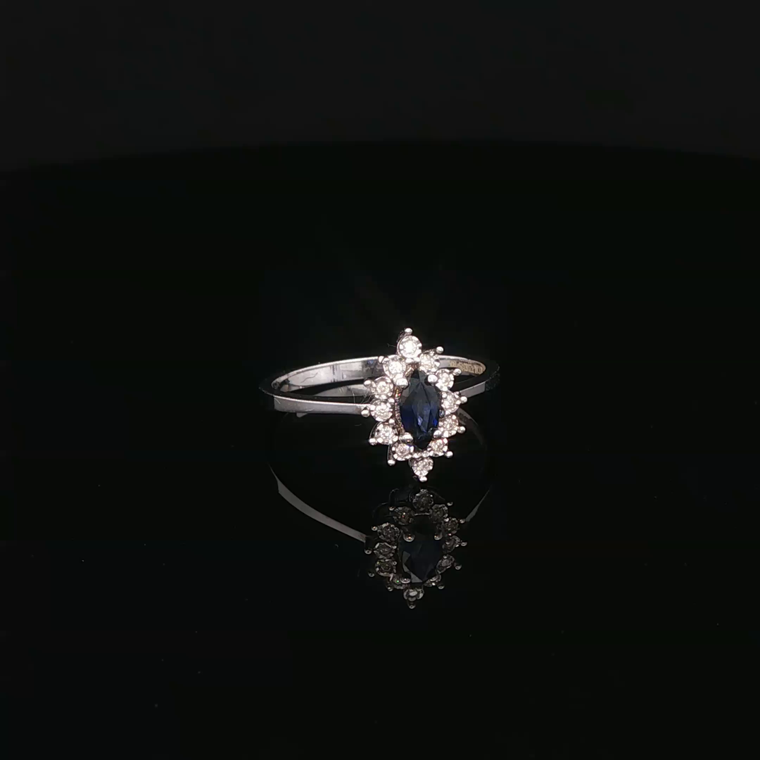 14ct White Gold Ring with Oval Cut Blue Sapphire & Diamonds