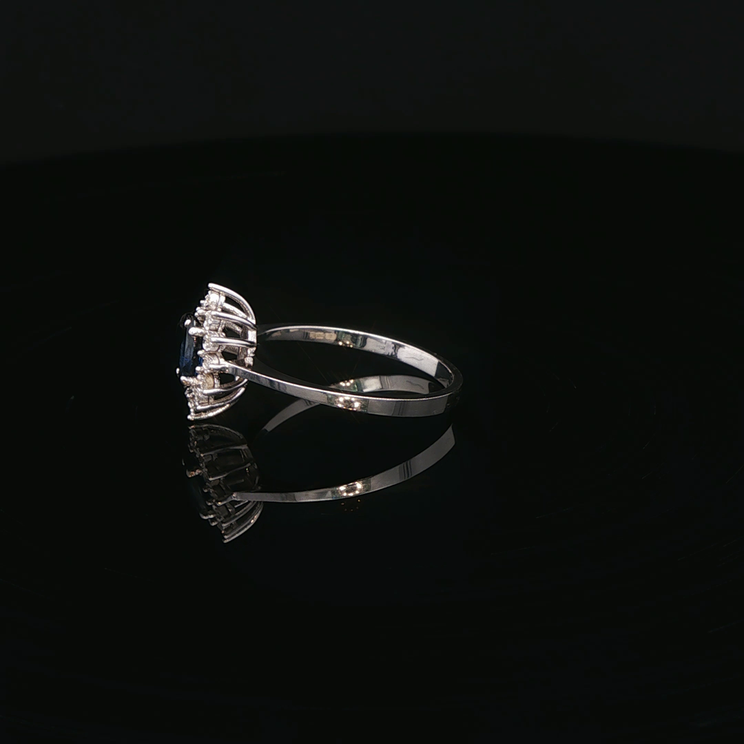 14ct White Gold Ring with Oval Cut Blue Sapphire & Diamonds