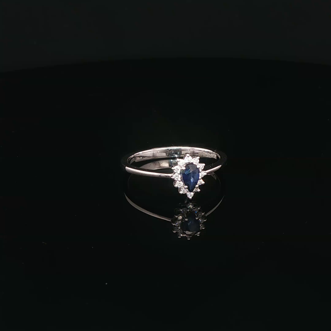 14ct White Gold Ring with Deep Blue Pear Sapphire & Diamond