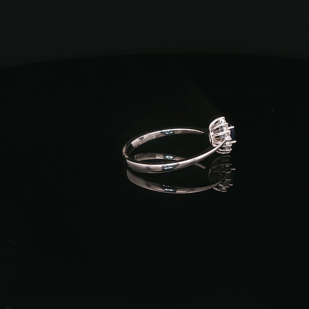 14ct White Gold Ring with Deep Blue Pear Sapphire & Diamond