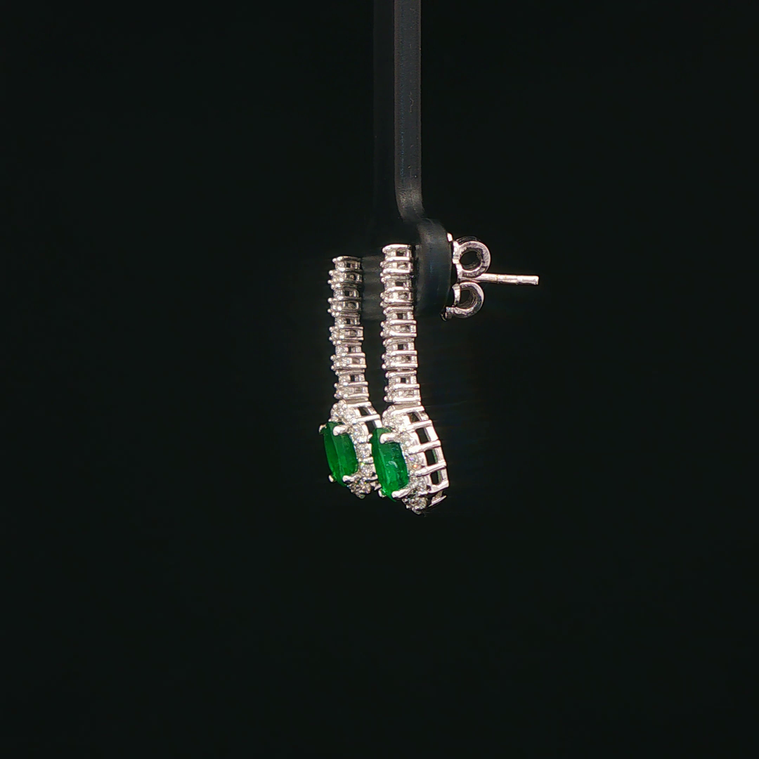 White Gold Earrings with Oval Cabochon Emeralds & Diamonds
