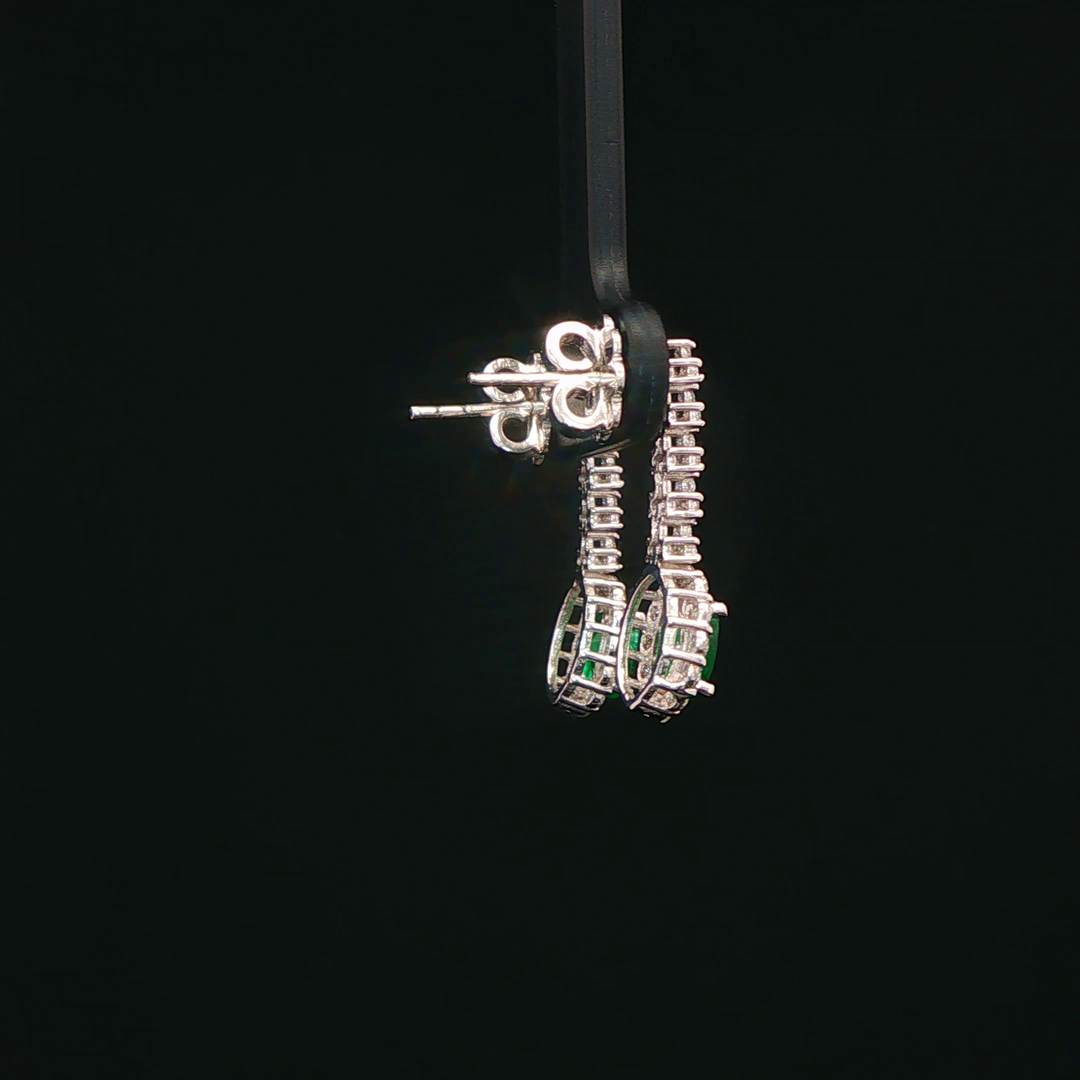 White Gold Earrings with Oval Cabochon Emeralds & Diamonds