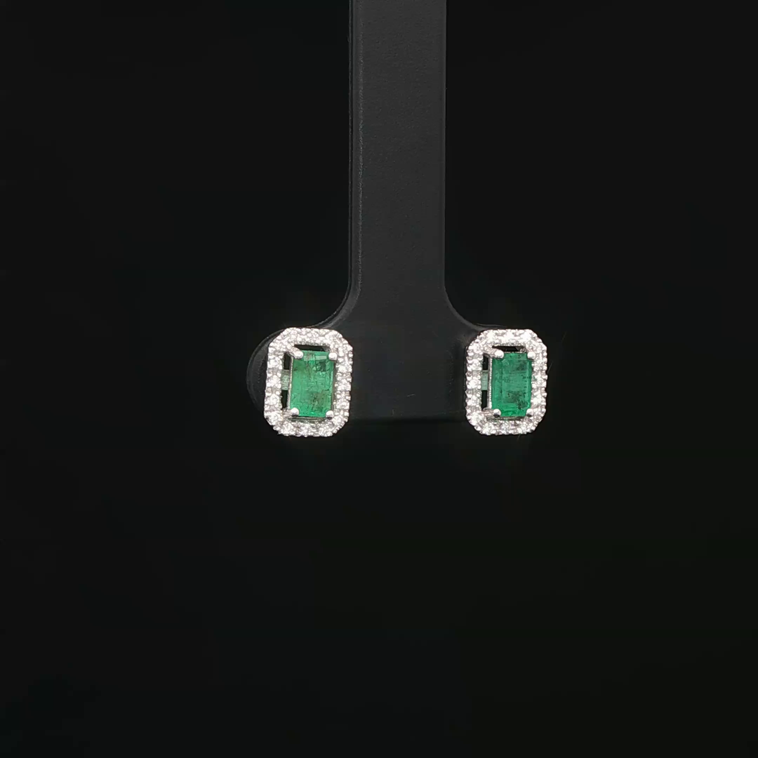 Elegant Emerald Step Cut White Gold Stud Earrings