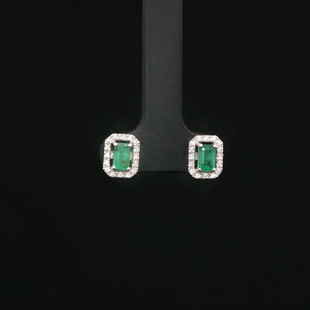 Elegant Emerald Step Cut White Gold Stud Earrings