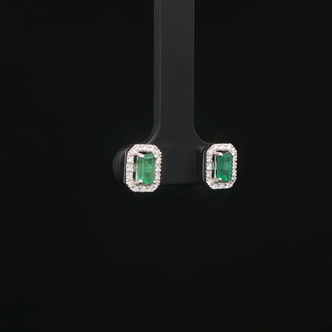 Elegant Emerald Step Cut White Gold Stud Earrings