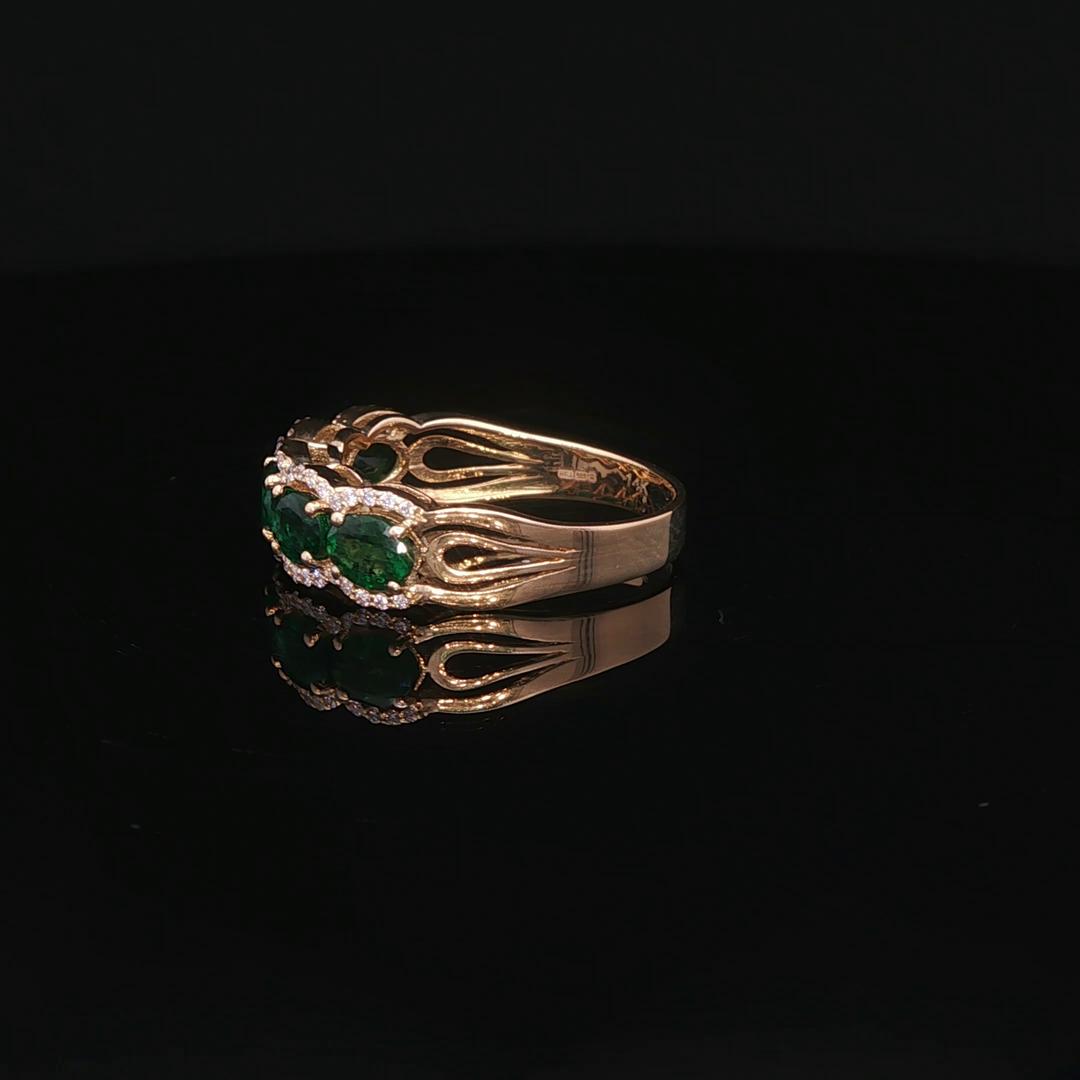 Yellow Gold Diamond Ring with Oval Emeralds