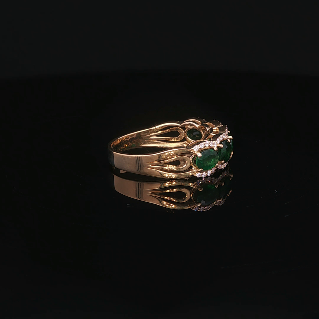 Yellow Gold Diamond Ring with Oval Emeralds