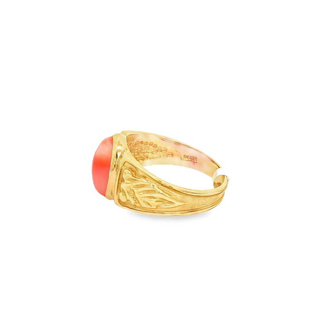 Orangy Red Coral Cabochon Yellow Gold Engraved Signet Ring