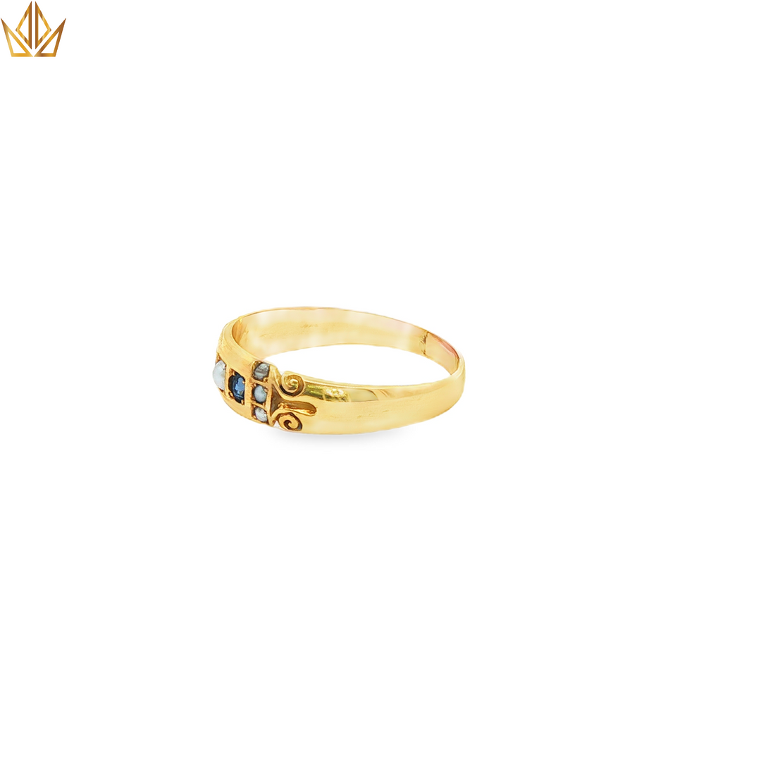 15ct Gold Sapphire Ring with Round Pearl Cabochon