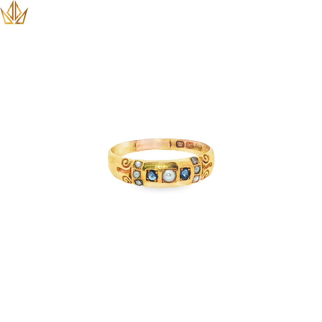 15ct Gold Sapphire Ring with Round Pearl Cabochon