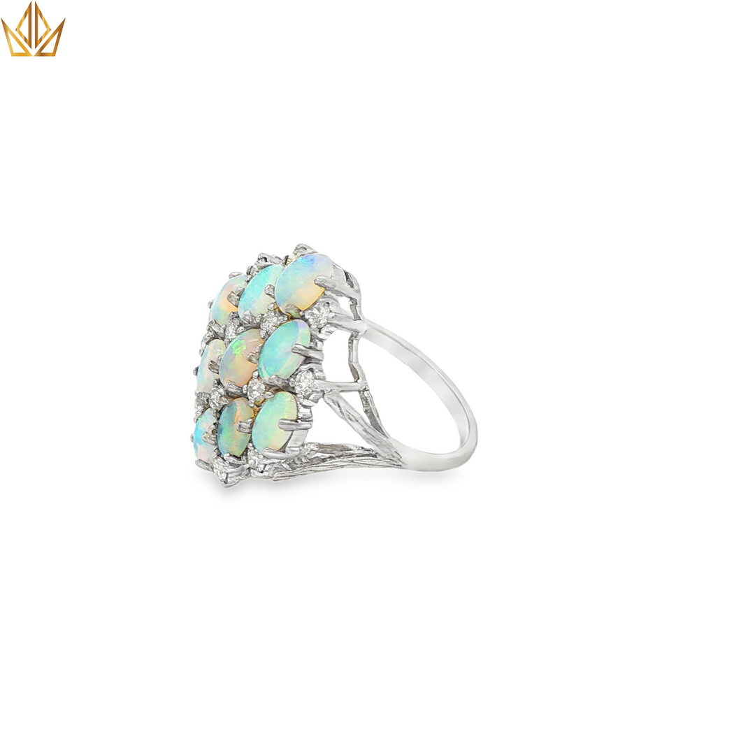 19ct White Gold Ring with Oval Opal Cluster
