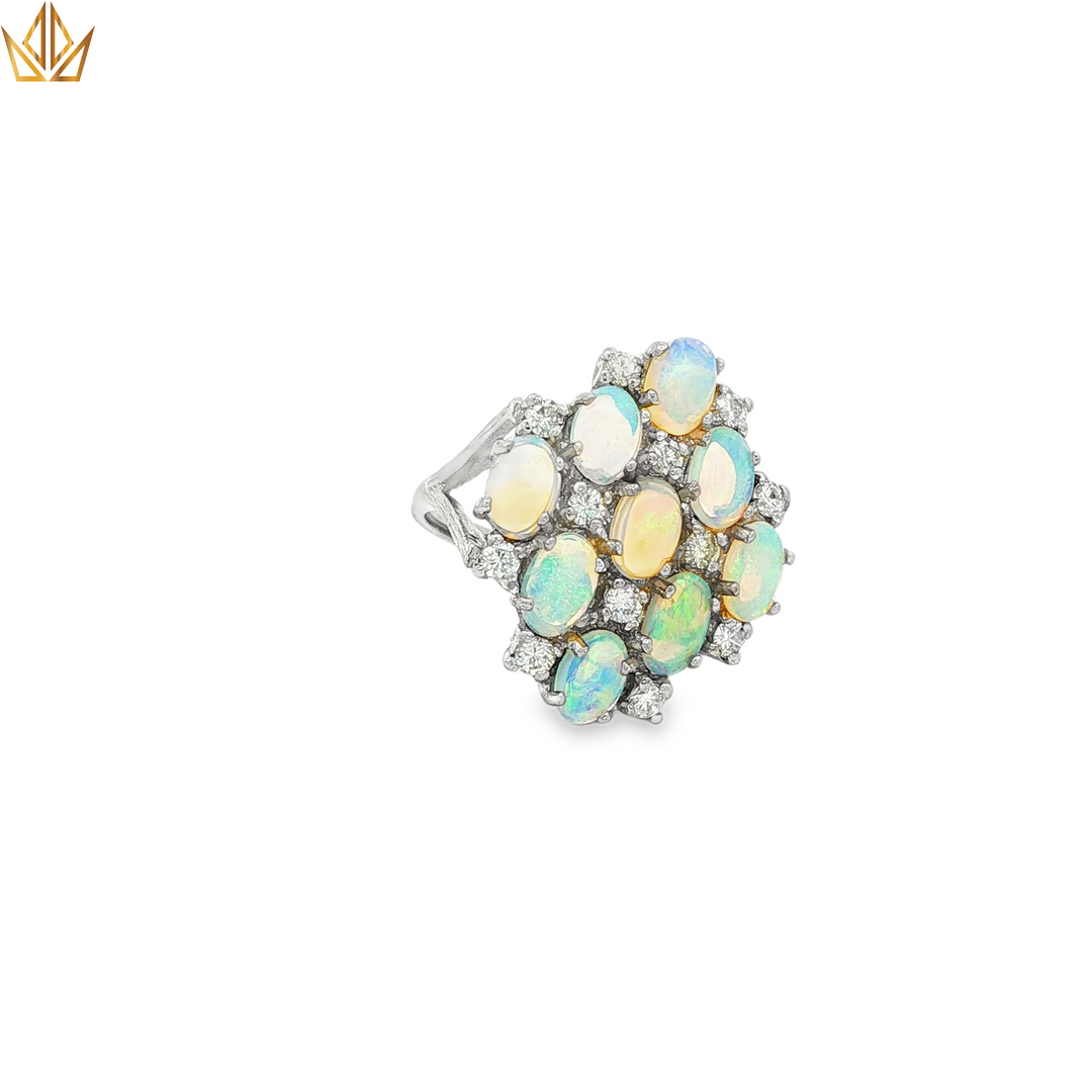 19ct White Gold Ring with Oval Opal Cluster