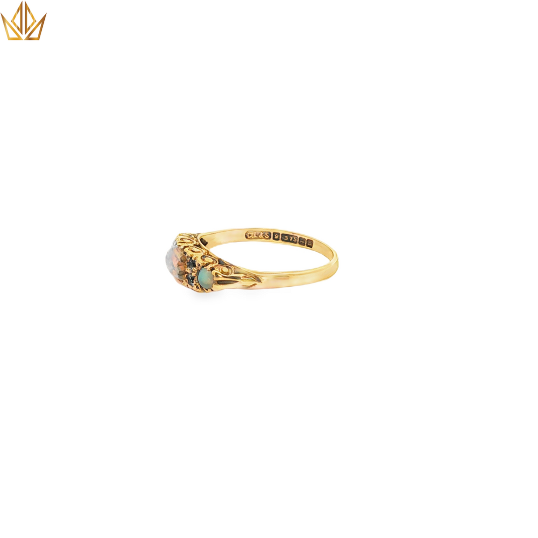 9ct Vintage Yellow Gold Ring with Opals & Diamonds