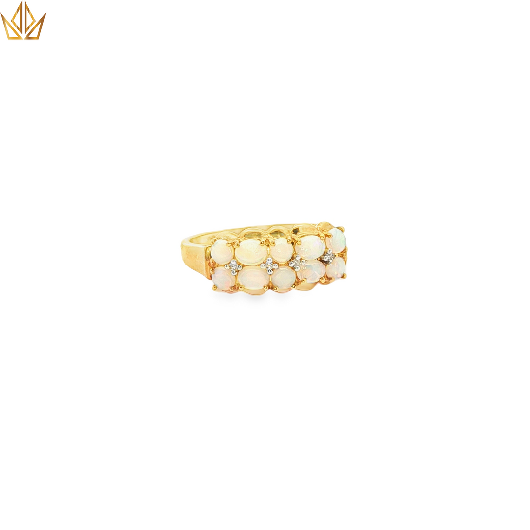 Yellow Gold Multistone Ring with Round Cabochon Opal Gemstones