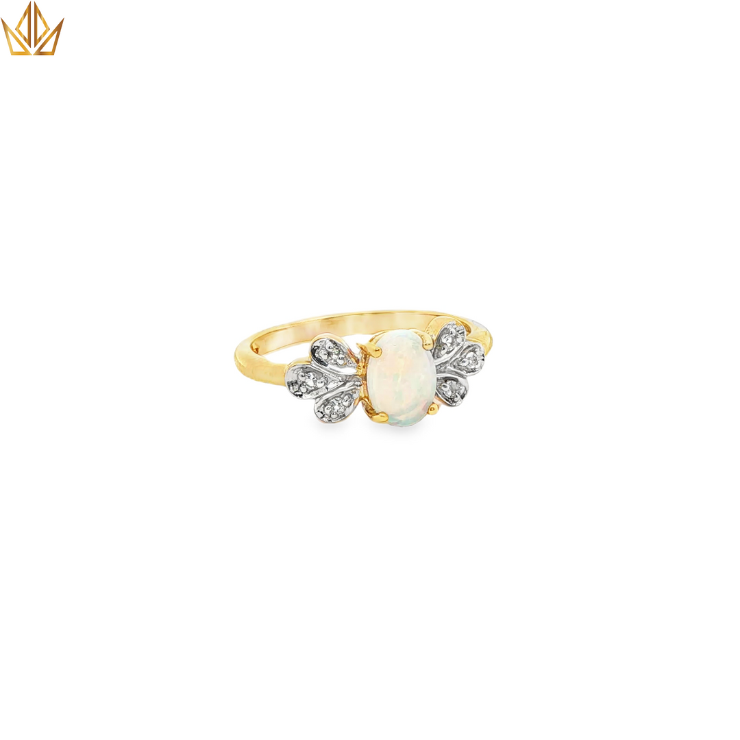 9ct Gold Ring with Oval Cabochon Opal & Diamonds
