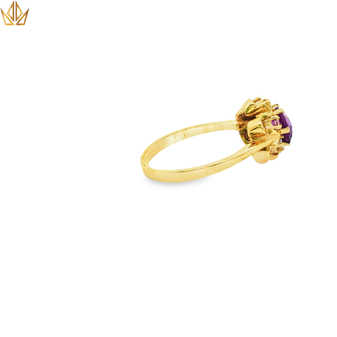 14ct Yellow Gold Ring with Round Amethyst & Diamond
