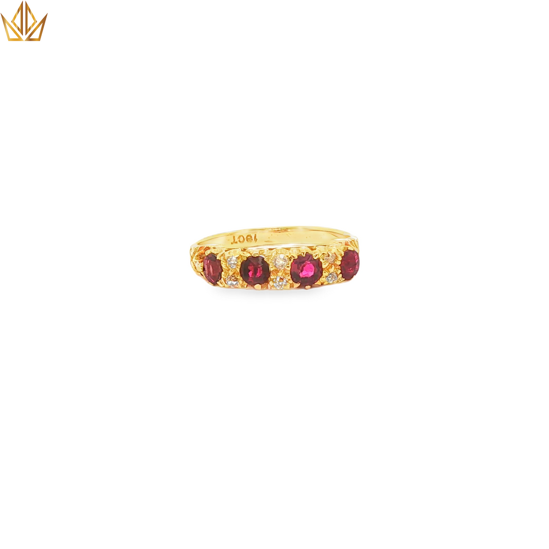18ct Gold Multistone Ring with Round Cabochon Ruby