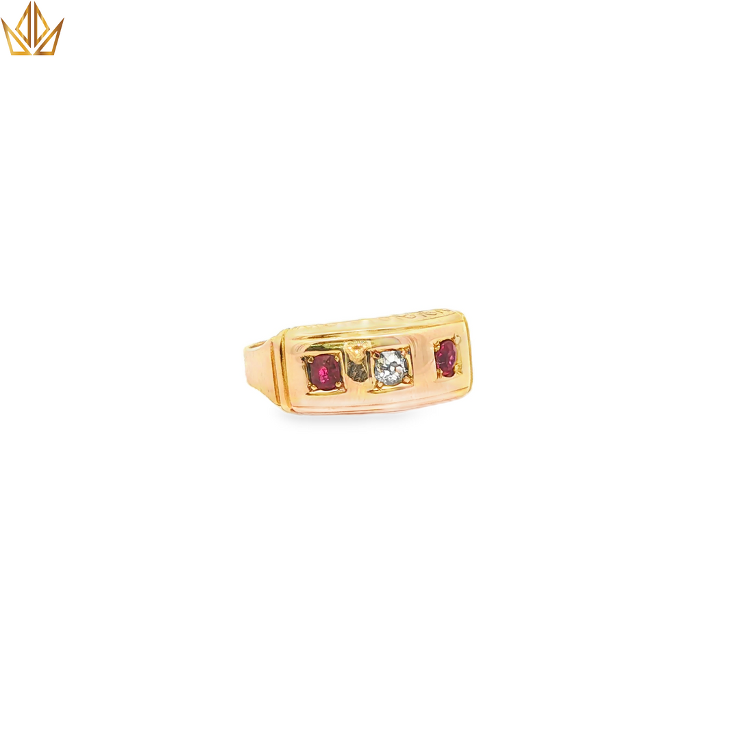 15ct Gold Multistone Ring with Round Cut Diamond and Ruby Accents