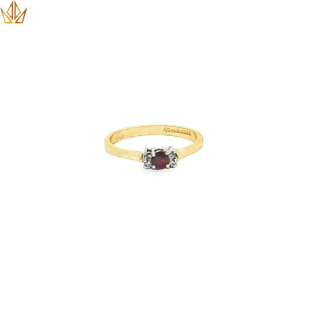 9ct Gold Ring with Round Ruby Cabochon & Diamonds