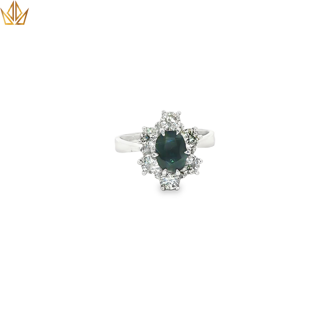 18ct White Gold Ring With Deep Blue Oval Sapphire & Diamonds