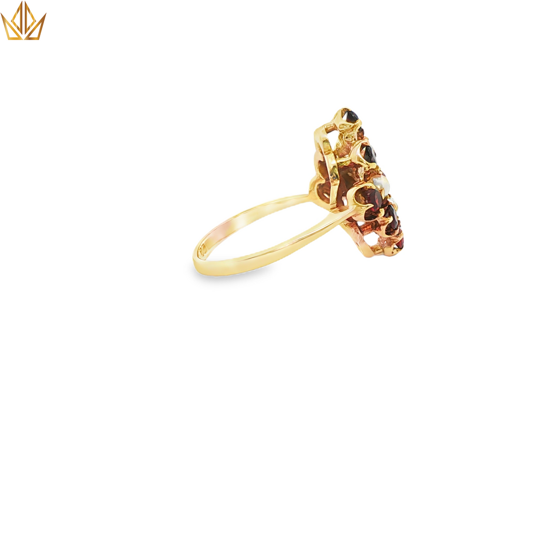 9ct Gold Ring with Round Garnets & Pearls