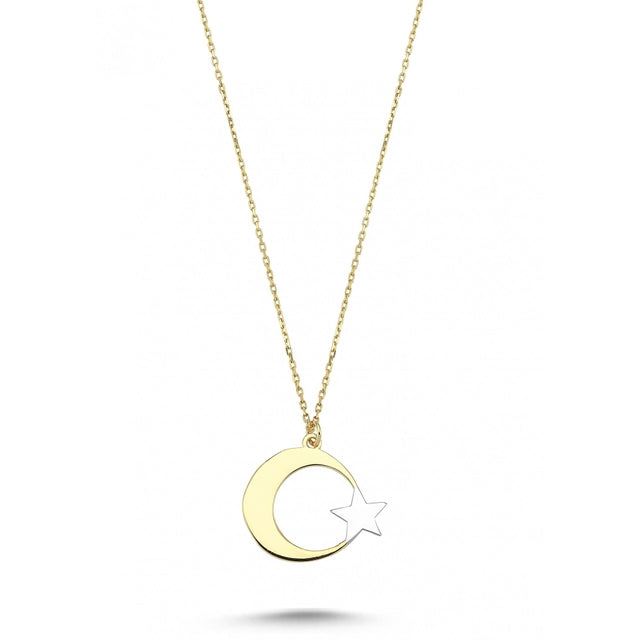 14ct Cift Renk Ay Yildiz Gold Necklace
