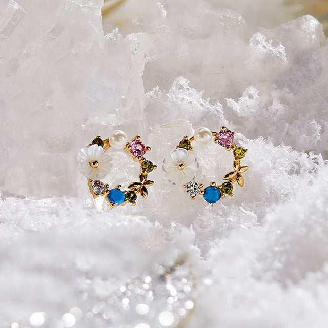 14ct Cicek Kelebek Figurlu Gold Earrings Yesil