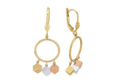 14ct 3 Multicolour Cube Detail Drop Hoop Gold Earrings