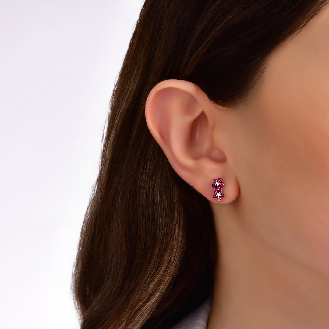 0.57 Karat Ruby Diamond Flower Earrings