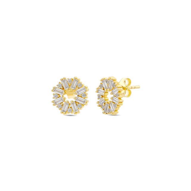 14ct Baguette Stone Set Cicek Design Gold Earrings