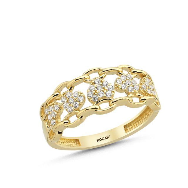 14ct Stone Set Heart Zincir Design Gold Ring