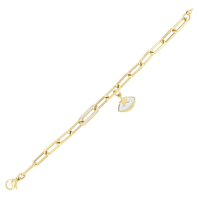 14ct White Enamel Motif Paperclip Design Gold Bracelet