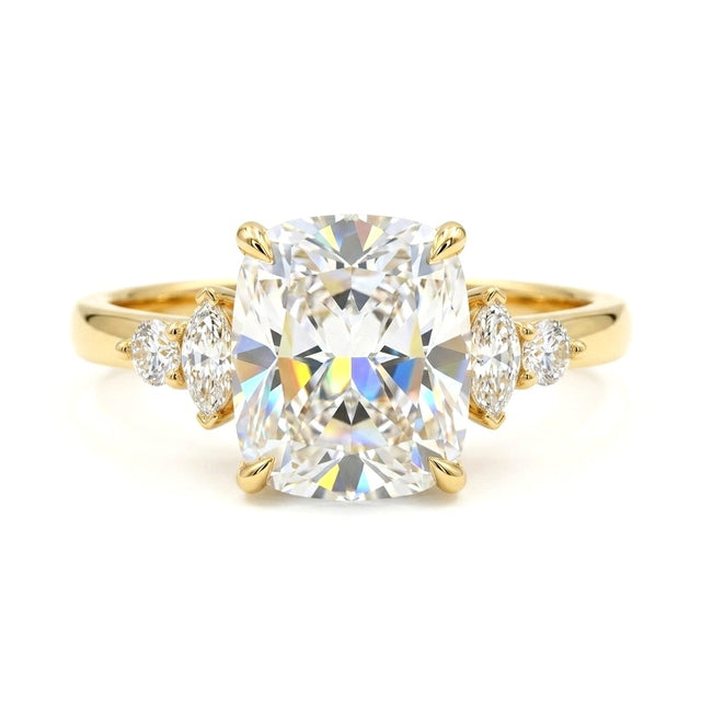Kushon Cut Side Stone Set Solitaire Gold Ring