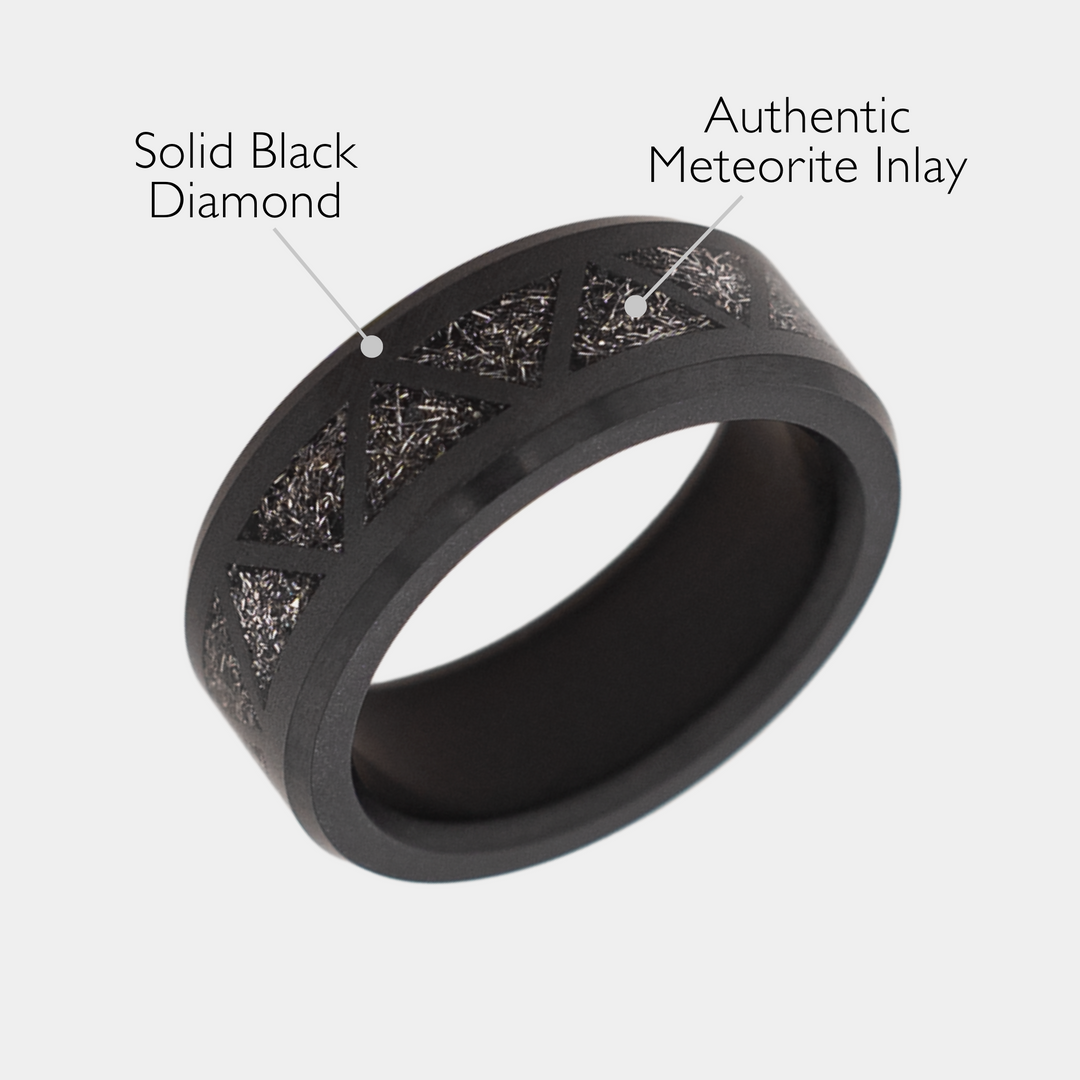 Black Diamond - Men’s Ring 8mm - Authentic Muonionalausta Meteorite Triangle Pattern Inlay - ARES - Elysium Black Diamond