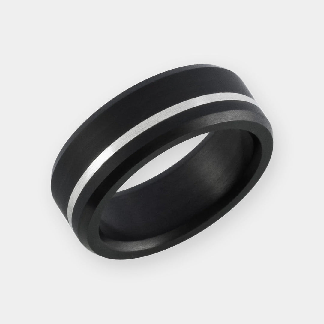 Black Diamond - Men’s Ring 8mm - Offset Inlay Silver - ARES - Elysium Black Diamond